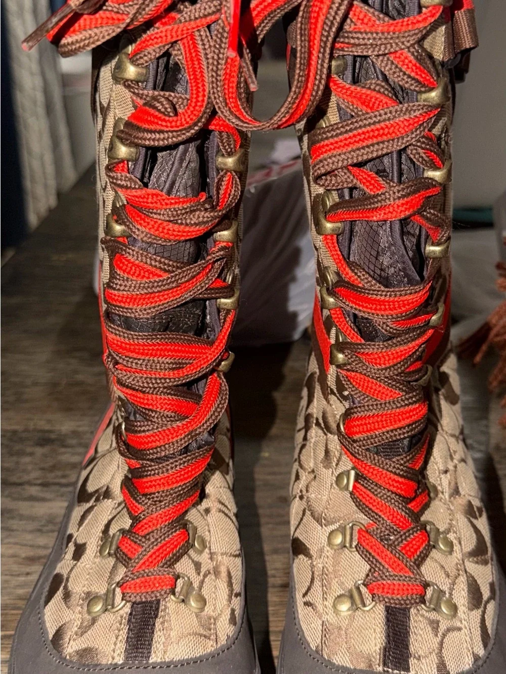 Coach Marian Brown & Orange Lace Up Monogram Logo Insulated Mid Calf Boot Size11